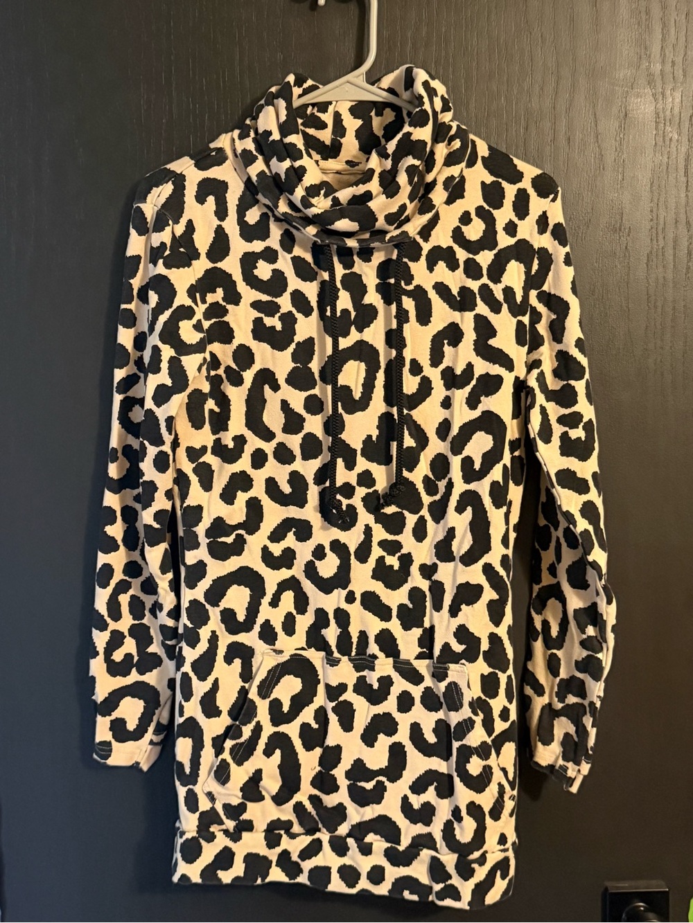Lily & Lottie Leopard Print Cowl Neck Pullover Hoodie - Black & Beige